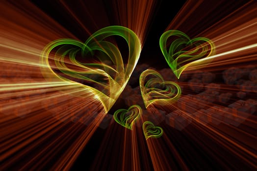 Flying hearts painted by fire flame or smoke on black background full of gift boxes. 3d illustration.