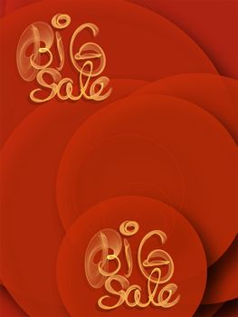 Big sale lettering written with smoke or flame on red abstract background full of circles.