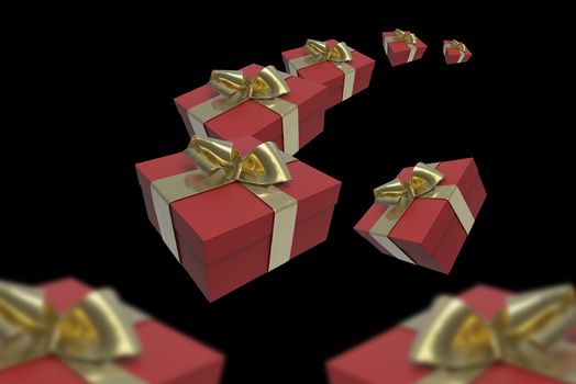 Colorful and striped boxes with gifts tied bows on black background. Happy new year or valentines 3d illustration.