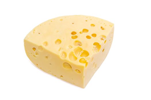 Piece of the medium-hard Swiss cheese with cheese's eyes on a light background
