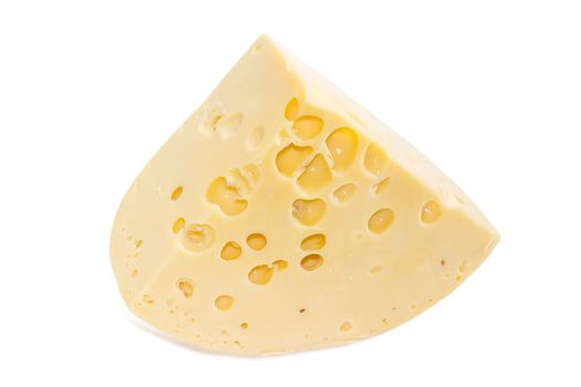 Piece of the medium-hard Swiss cheese with cheese's eyes on a light background

