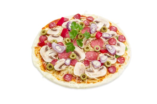 Uncooked round pizza with various sausages, button mushrooms, bell pepper and olives on a light background
