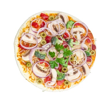 Uncooked round pizza with vegetables, button mushrooms and olives on a light background
