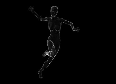 Slim attractive sportswoman made of glass or soap bubble running against a black background. 3d illustration.