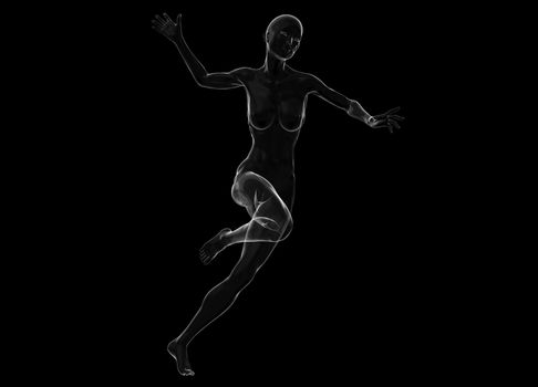 Slim attractive sportswoman made of glass or soap bubble running against a black background. 3d illustration.