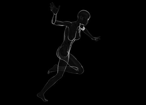 Slim attractive sportswoman made of glass or soap bubble running against a black background. 3d illustration.