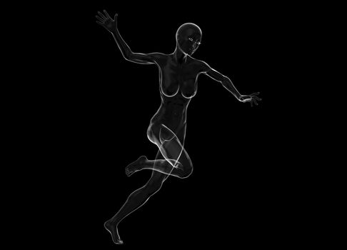 Slim attractive sportswoman made of glass or soap bubble running against a black background. 3d illustration.