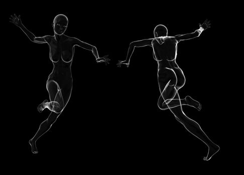 Slim attractive sportswoman made of glass or soap bubble running against a black background. 3d illustration.