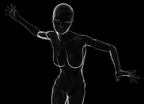 Slim attractive sportswoman made of glass or soap bubble running against a black background. 3d illustration.