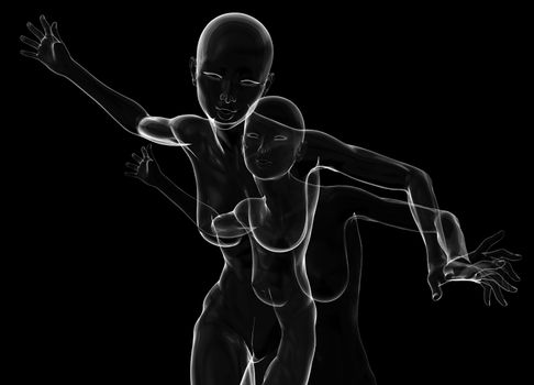 Slim attractive sportswoman made of glass or soap bubble running against a black background. 3d illustration.