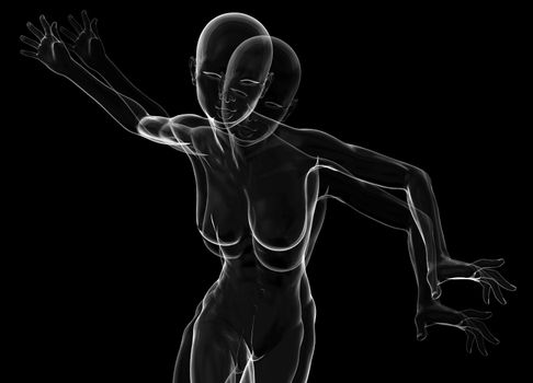 Slim attractive sportswoman made of glass or soap bubble running against a black background. 3d illustration.