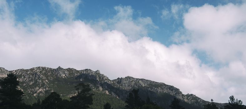 View of a rocky some rocky mountains in a township of Tasmania.