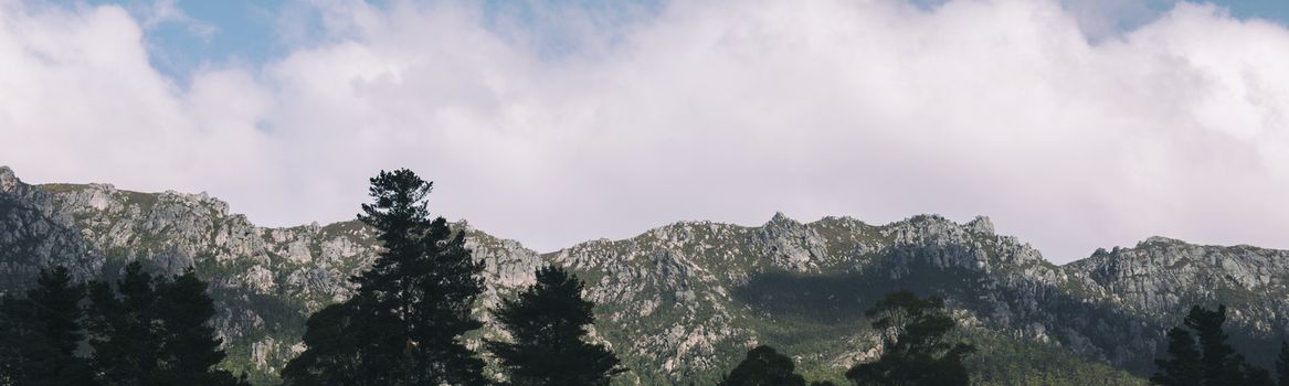 View of a rocky some rocky mountains in a township of Tasmania.