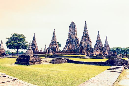 Vintage style, Wat Chaiwatthanaram is ancient buddhist temple, famous and major tourist attraction religious of Ayutthaya Historical Park in Phra Nakhon Si Ayutthaya Province, Thailand
