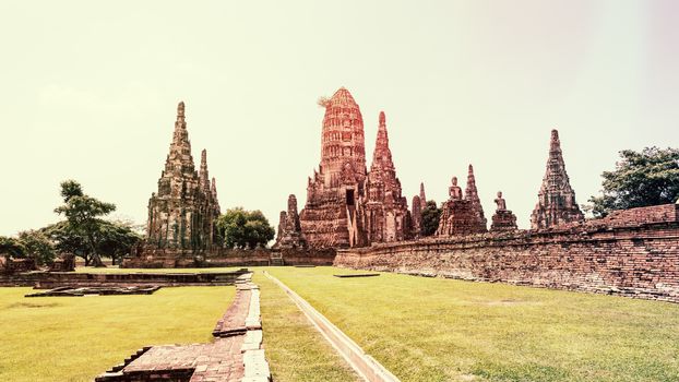 Vintage style, Wat Chaiwatthanaram is ancient buddhist temple, famous and major tourist attraction religious of Ayutthaya Historical Park in Phra Nakhon Si Ayutthaya Province, Thailand, 16:9 widescreen