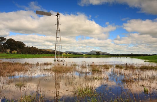 Waterlogged countryside after heavy rains and local flooding in rural NSW