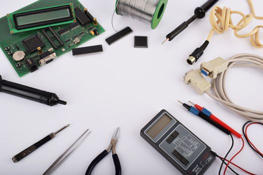 Mock up objects such as industrial controllers on a white background with copy space, top view.