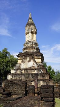 closeup Historical Pagoda Wat chedi seven rows temple in Sukhothai Thailand
