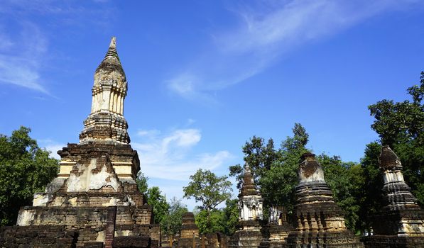 Historical Pagoda Wat chedi seven rows temple in Sukhothai world heritage