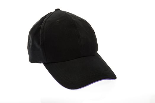 Golf cap, black with purple colour trim  for man on white background