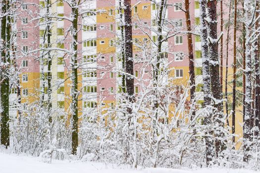 View on the modern highrise apartment building through snowy forest cloudy day
