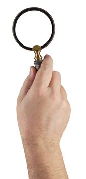 Male Hand Holding Magifying Glass Isolated on a White Background.