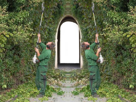 Two men cutting a hedge with a motor hedge trimmer. In the background a passage with archway as Sleeping Beauty Castle