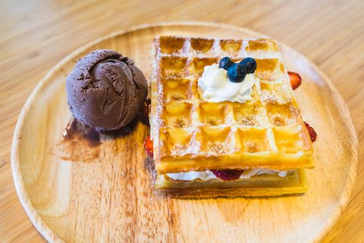 chocolate ice cream belgian waffles with blueberries