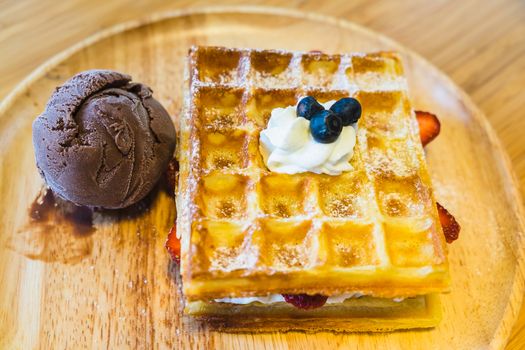 chocolate ice cream belgian waffles with blueberries