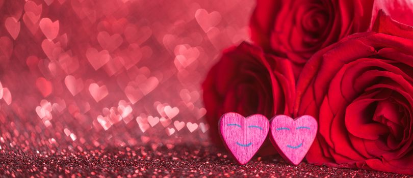Roses and hearts on red glowing bokeh hearts background for Valentines day