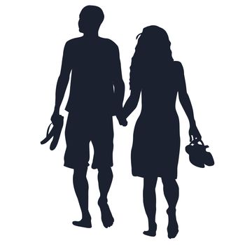 Silhouettes of lovers walking barefoots on white background