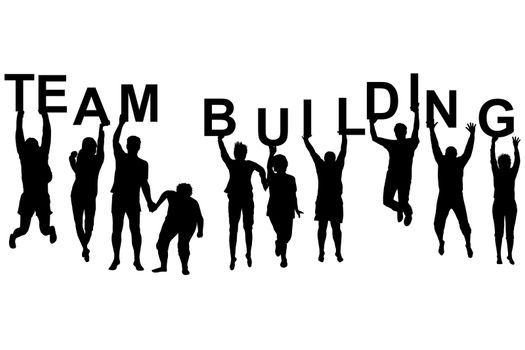 Team building concept with silhouettes of women and men jumping