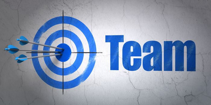 Success business concept: arrows hitting the center of target, Blue Team on wall background, 3D rendering