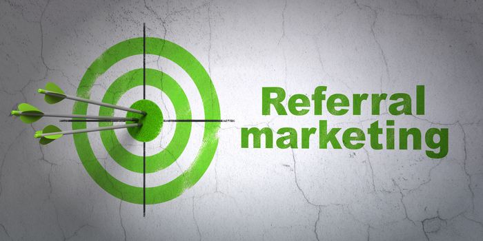 Success marketing concept: arrows hitting the center of target, Green Referral Marketing on wall background, 3D rendering