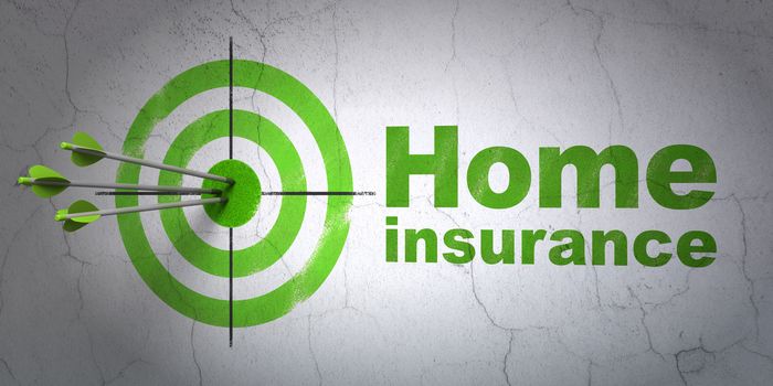 Success Insurance concept: arrows hitting the center of target, Green Home Insurance on wall background, 3D rendering