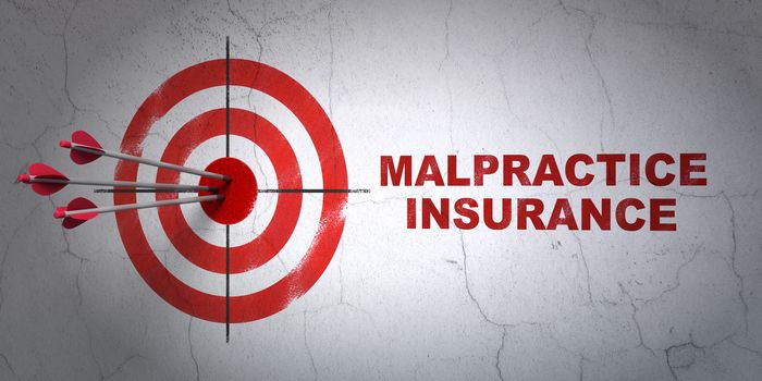 Success Insurance concept: arrows hitting the center of target, Red Malpractice Insurance on wall background, 3D rendering