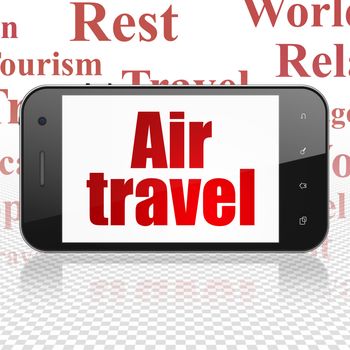 Vacation concept: Smartphone with  red text Air Travel on display,  Tag Cloud background, 3D rendering
