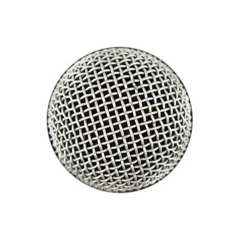 Microphone top view isolated on white background, close up, personal perspective