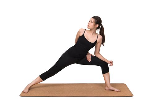 Young woman exercise yoga pose on cork yoga mat on white background