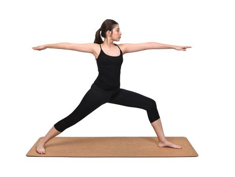 Young woman exercise yoga pose on yoga mat, isolated on white background