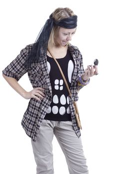 Young woman in the image of a pirate on a white background