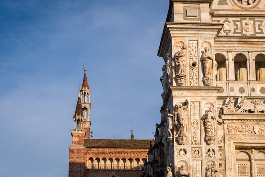 Awesome marble statues from the Renaissance period of the Pavia Carthusian monastery at sunset,Italy.Copy space