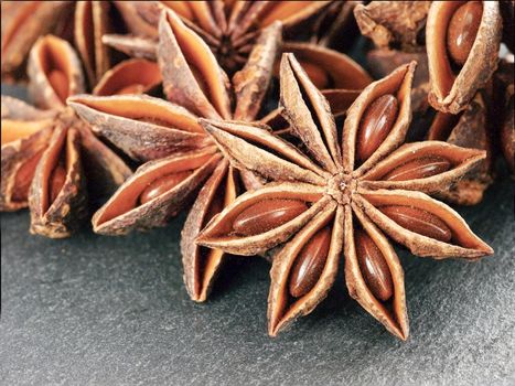 star anise on gray slate background close up with copy space