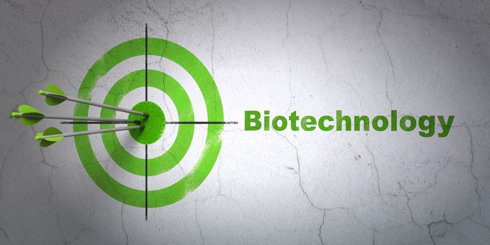 Success Science concept: arrows hitting the center of target, Green Biotechnology on wall background, 3D rendering