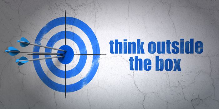 Success Education concept: arrows hitting the center of target, Blue Think outside The box on wall background, 3D rendering
