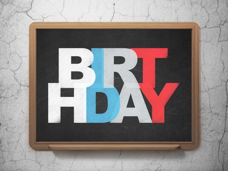 Holiday concept: Painted multicolor text Birthday on School board background, 3D Rendering
