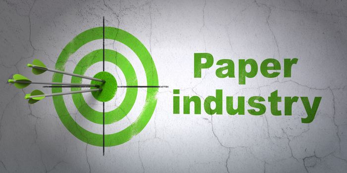 Success Manufacuring concept: arrows hitting the center of target, Green Paper Industry on wall background, 3D rendering