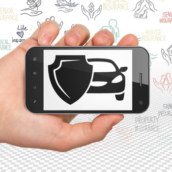 Insurance concept: Hand Holding Smartphone with  black Car And Shield icon on display,  Hand Drawn Insurance Icons background, 3D rendering