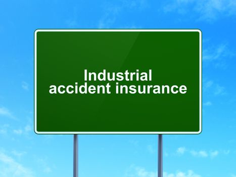 Insurance concept: Industrial Accident Insurance on green road highway sign, clear blue sky background, 3D rendering
