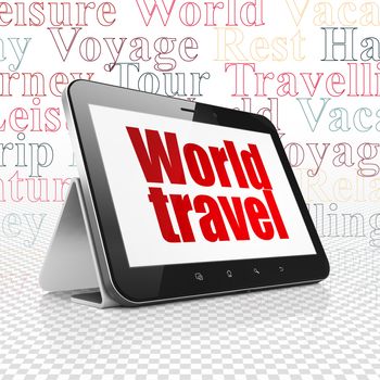 Tourism concept: Tablet Computer with  red text World Travel on display,  Tag Cloud background, 3D rendering